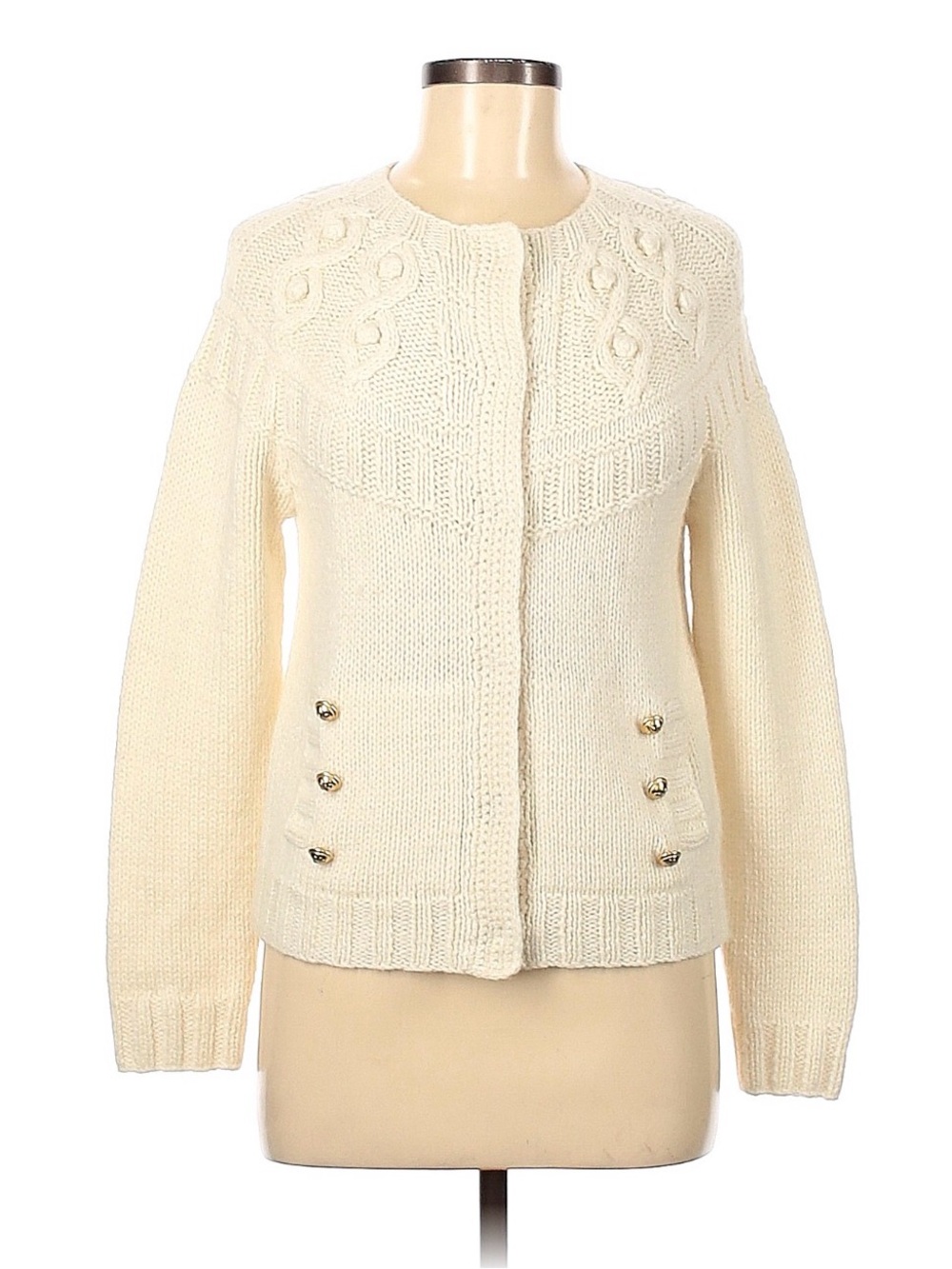 J.Crew Cream Cable-Knit Gold Button Pocket Wool Blend Sweater Jacket Medium M